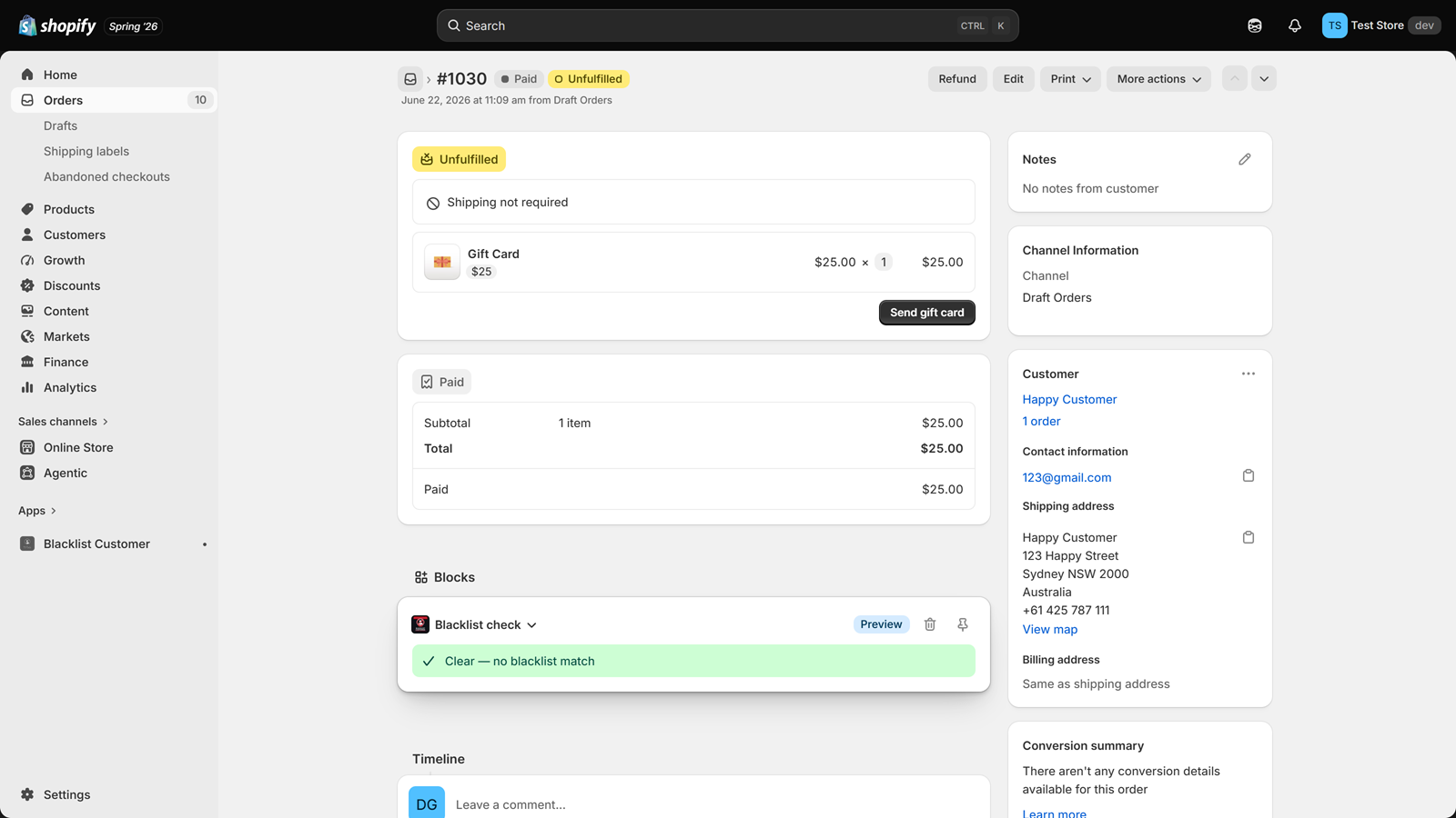 Shopify order page showing a cleared customer