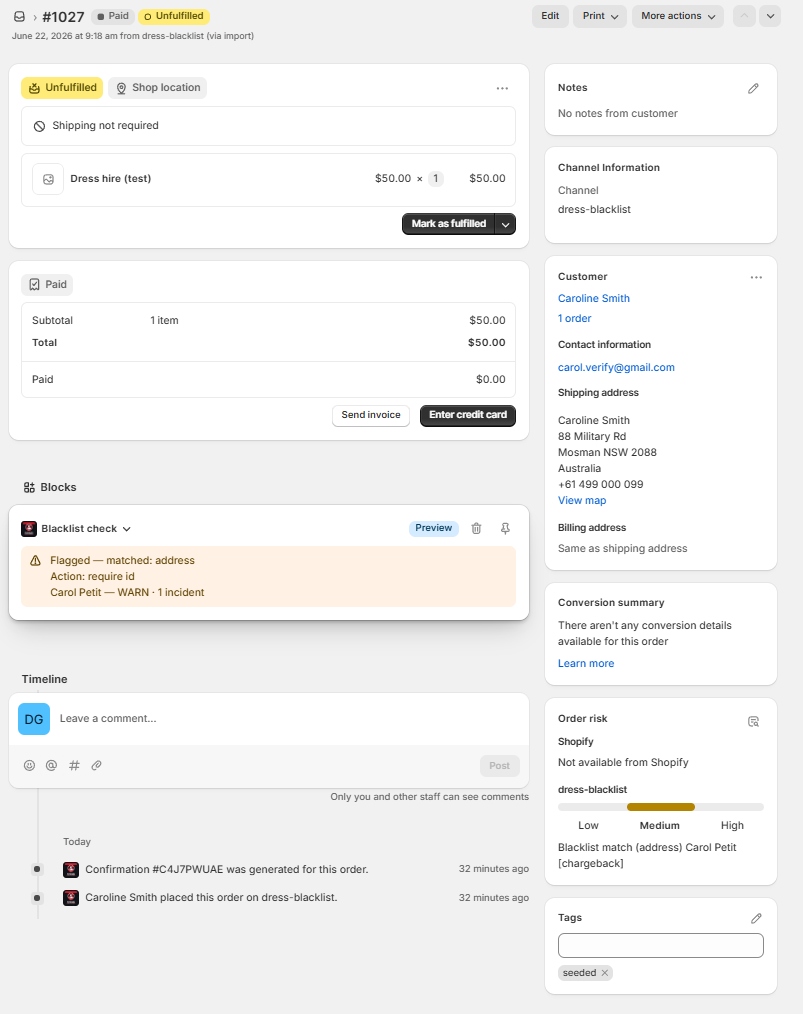 Shopify order page showing a flagged customer with match details