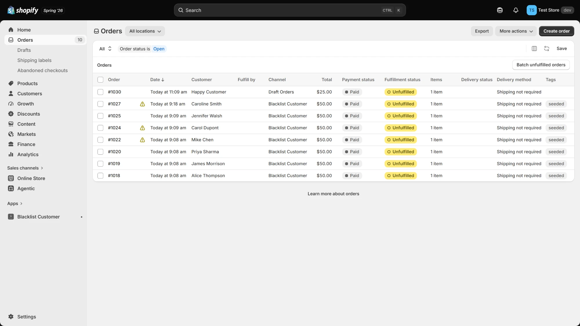 Shopify orders list with risk flags from Blacklist Customer