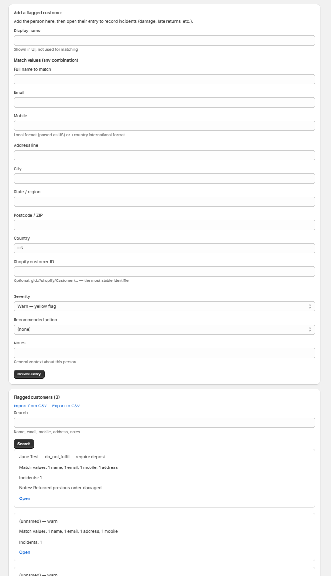 Blacklist Register showing flagged customers